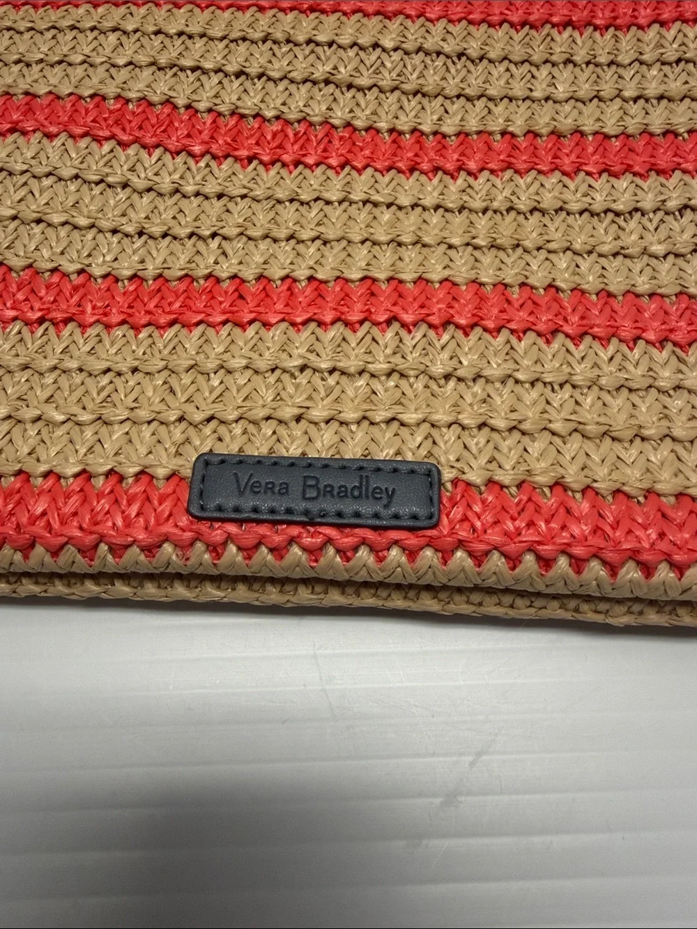 Vera Bradley Woven Straw Wristlet Pouch with Coral Stripe and Parrot Embroidery